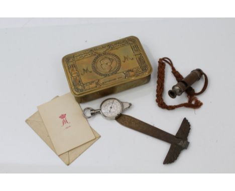 First World War Princess Mary gift tin with Christmas card, together with a trench art letter knife, a map measure and a City