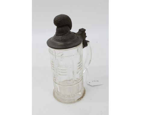 Early 20th century Imperial German Bavarian military moulded glass stein with pewter hinged lid, mounted with Bavarian Infant