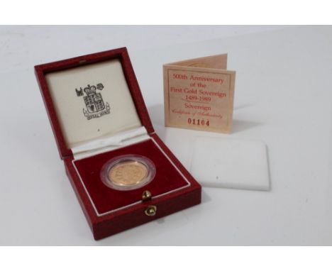 G.B. 1989 Elizabeth II Gold Proof Sovereign '500th Anniversary of the first gold Sovereign' (in case of issue with certificat