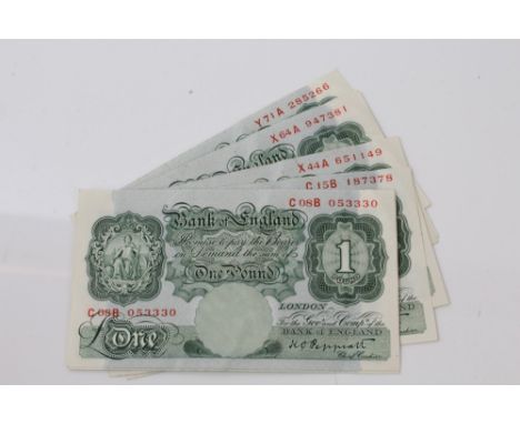 Banknotes - G.B. September 1948 K. O. Peppiatt, green £1 notes.  Prefixes - C08B (x 2), C15B, X44A, X64A, Y10A and Y71A (N.B.