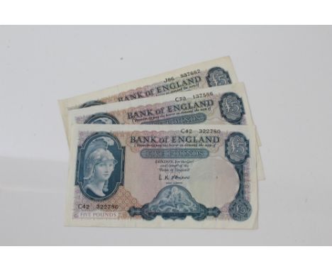 Banknotes - G.B. Five Pounds, blue on multi-colours.  L. K. O'Brien.  Series 'B' helmeted Britannia issue.  Prefix C (x 2) (N