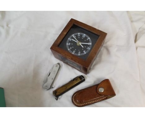 Ministry of Defence Hydrographic Dept. chronometer electric clock, together with two knives