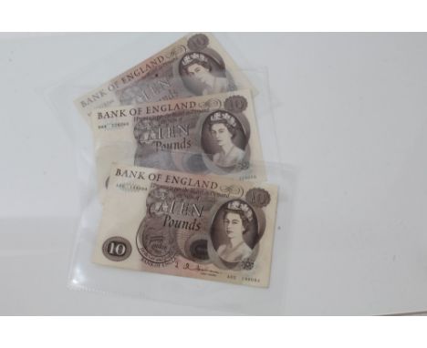 Banknotes - G.B. Ten Pounds, brown.  Series 'C' Portrait Issue Feb. 1964 J. Q. Hollom.  Prefix A05 and 1971 J. B. Page.  Pref