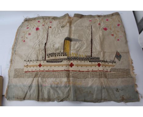 First World War embroidered silk depicting a Hospital ship, named 'H.M.T. Neuralia', measuring approximately 58cm x 70cm
