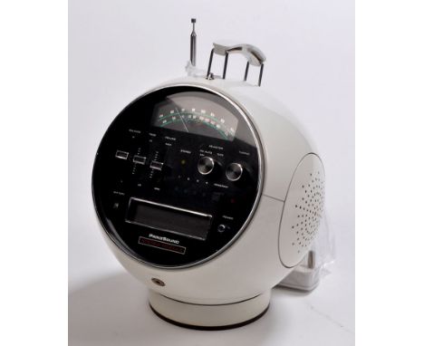Prinz Sound stereo module: of white plastic spherical form, built-in speaker and eight track player, folding flush handle, 28