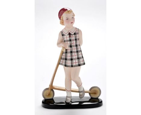 Stephan Dakon for Goldscheider: an Art Deco style figure of a girl with a scooter, factory mark and signature to base no. 740