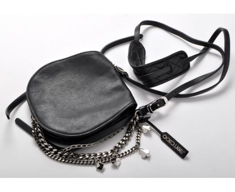 Jimmy Choo: black leather handbag, with white metal chain link decoration, pale leather to interior, with original cloth prot
