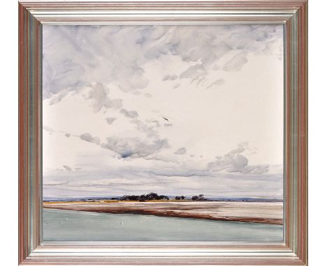 James Morrison, RSA, RSW, RGI
"MUDFLATS  AND DUCK, MONTROSE BASIN"
signed and dated 24.III.1995
oil on board
70.5 x 78.5cms; 