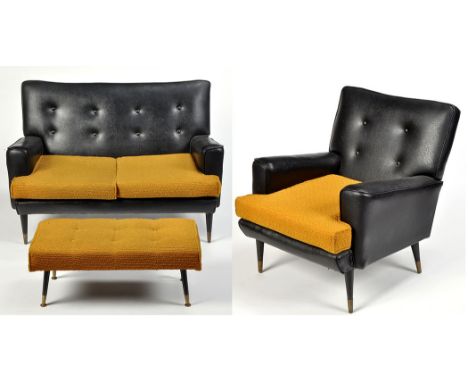 A 20th Century design suite, of two-seater sofa and a pair of chairs, each with button back black leather upholstery and must