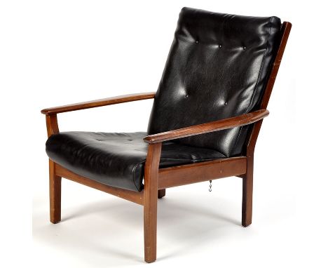 A post war design teak armchair, back and seat upholstered in button back black leather, raised on square tapering legs.