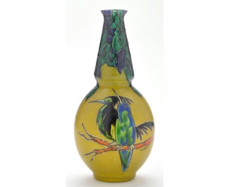 Leune: a French Art Deco cameo glass vase, with enamelled bird of paradise and foliate decoration, signed to body, 23cms. (9i