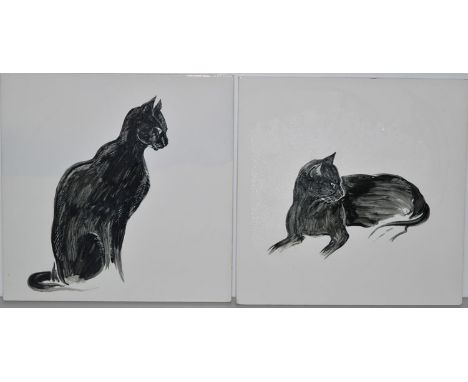 Carter, England: two vintage pottery tiles, decorated with cat designs, stamped 1954-13 and 1955-9, 6in. (15cms).