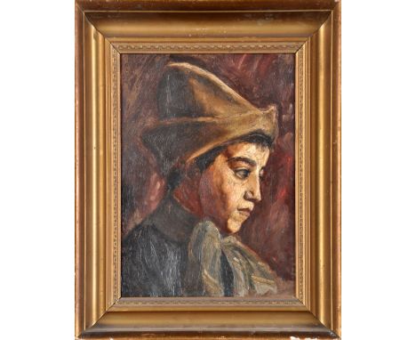 Attributed to Richard Quick
BUST PORTRAIT WITH BROWN CAP
inscribed with Artist's address "140 Earls Court Road" on a label ve