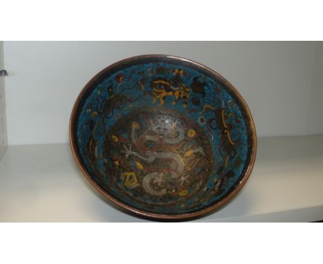 A cloisonne bowl, bearing the mark Da Ming, the centre of the interior with a four clawed white dragon crowned with wish gran