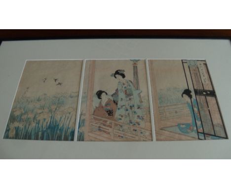 Chikanobu Yoshu (1836-1912), a triptych wood block print, depicting ladies on a terrace above the iris garden at Chiyoda Pala