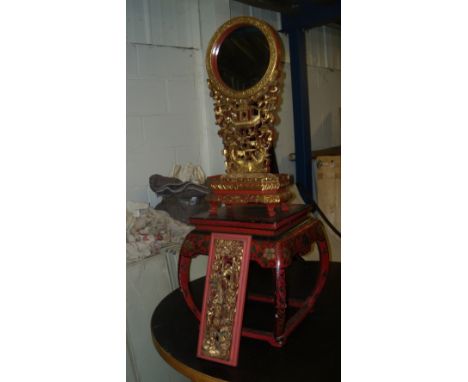 A dressing table mirror, a panel and a red lacquer stand or stool, the first with a circular glass 24cm (9.5 in) diameter sup