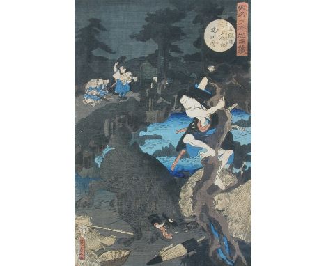 *Amended description*&nbsp;Kunisada II (1823-80), a woodblock print depicting a samurai climbing a pine tree to escape a char