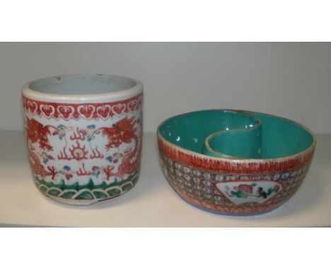 A famille rose bowl, seal mark of Tongzhi, together with another bowl, the turquoise interior of the first divided into ying 