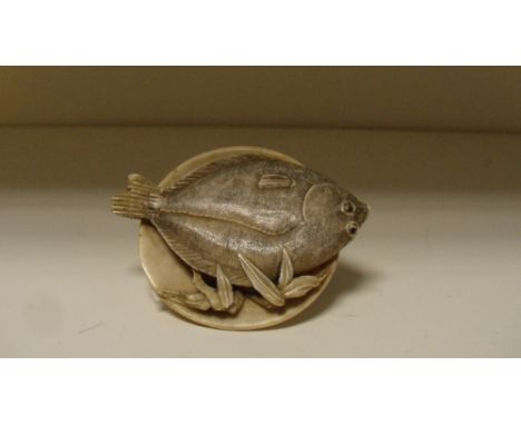 A late 19th/early 20th century ivory flat fish netsuke, it looks upwards with inlaid eyes as it lies amongst bamboo leaves in