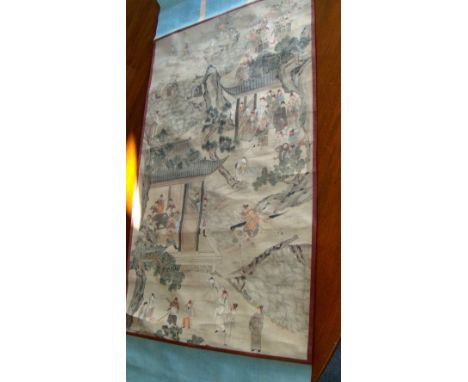 A 19th century Chinese scroll painting featuring Guanti, other warriors and deities, the figures arranged in tales of myths a