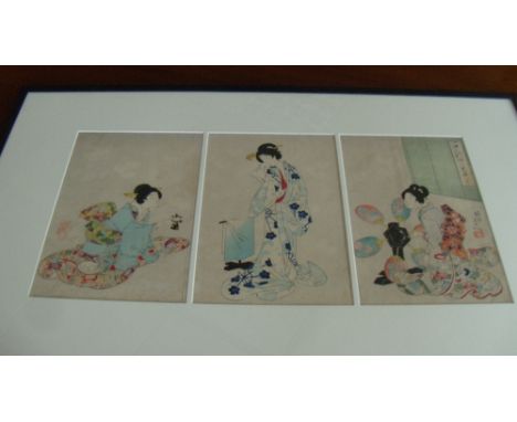 Chikanobu Yoshu (1836-1912), a triptych wood block print, of ladies after bathing at Chiyoda Palace, the central figure being