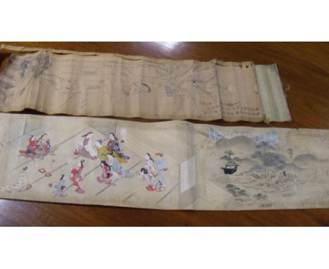 An 18th century scroll and another Chinese, the first painted with story scenes in triptychs on silvered flecked mica powder 