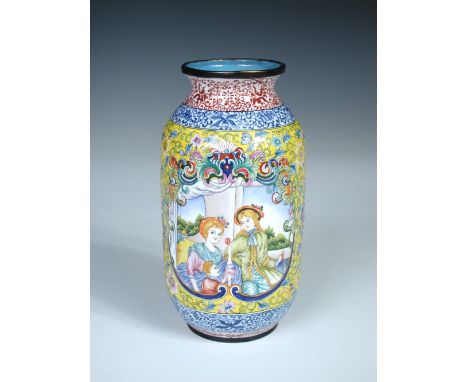 A Canton enamel vase painted with two reserves of European ladies with their children, the yellow ground with scrolling lotus