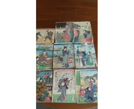 Utagawa School, nine 19th century wood block prints, three by Toyokuni III of figures in interiors, a diptych and a samisen p