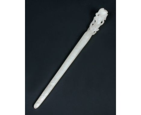 A white jade hair pin, possibly Ming dynasty, the head carved with cherry blossom and foliage, 16cm (6.25 in) long  