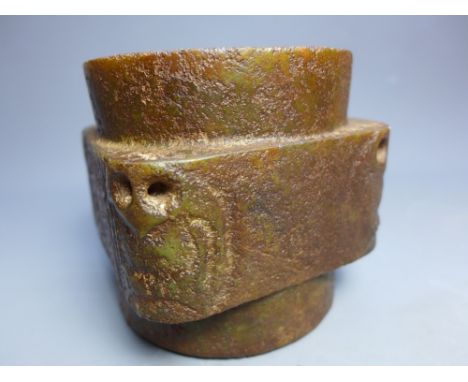 A Chinese neolithic hemo jade zong with four owl decoration. H-10cm 