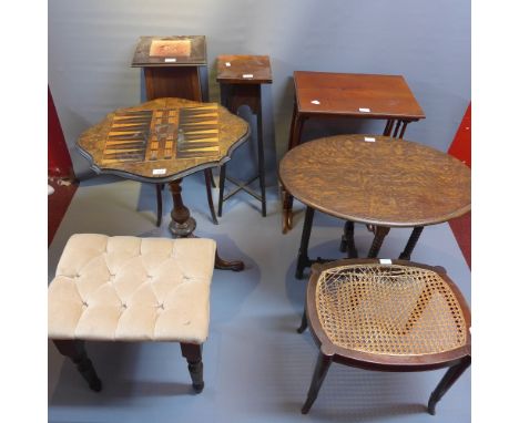 A 19th Century walnut game table together with two jardiniere stands, oak gate leg table, cane top foot stool, a nest of two 