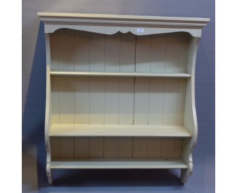 A grey painted wall hanging shelf unit. W: 90cm x D: 21cm x H:100cm