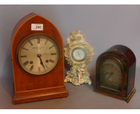 An Edwardian mahogany mantle clock together with a Chinoiserie clock and a Continental ceramic clock 