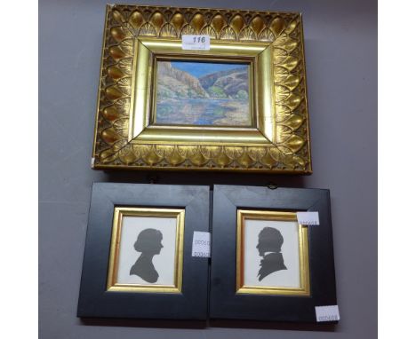 A Russian school oil on canvas of a lake scene in Australia and 2 portrait silhouettes by Savchenko (1913-1988)