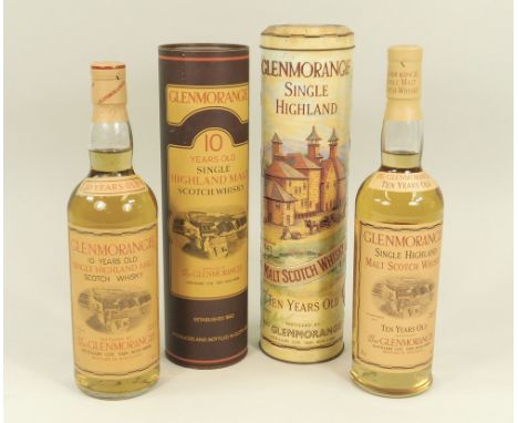 WHISKY. Two bottles of Glenmorangie 10 Years Old Scotch Whisky. 1 x 75cl. bottle in cardboard carton, 1 x 70cl. bottle in pre