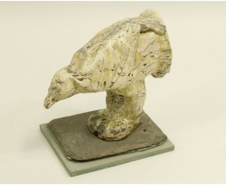 JULIAN DYSON. A Julian Dyson ceramic bird sculpture on slate &amp; wooden base. Unsigned. Height 20cm. Max. width 19cm.