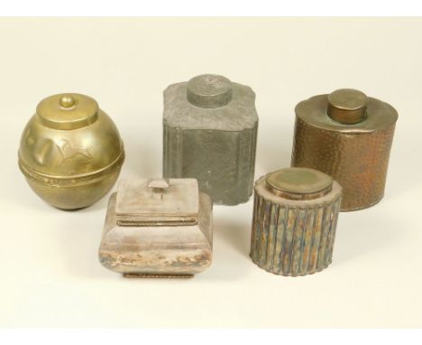 CADDIES. Five various tea caddies including the Lipton's 1924 Caddy &amp; two silver plated caddies.