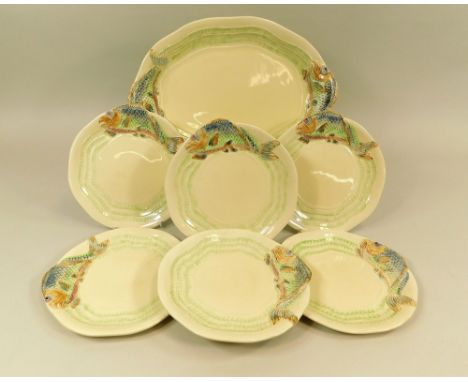 CLARICE CLIFF. A Clarice Cliff moulded fish set.