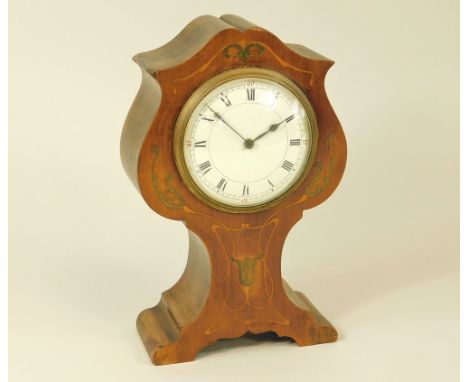 MANTEL CLOCK. An Art Nouveau brass &amp; satinwood inlaid mantel clock. Height 23cm.