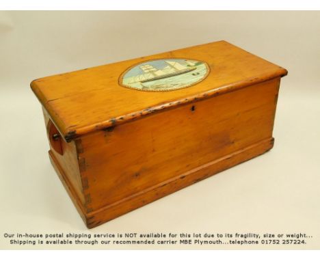 PINE CHEST. A 19th century pine chest with candle box. The lid painted by R. Watkins after Alfred Wallis, dated 1978. 40 x 95