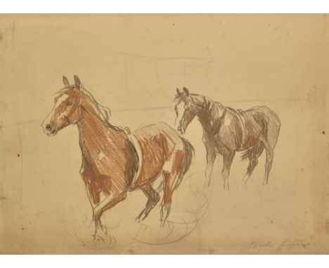 CHARLES SIMPSON. Wembley Horses. A pencil &amp; crayon sketch of two horses. Signed. To the reverse a note, 'Sketch made in t