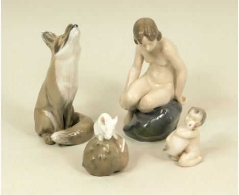 ROYAL COPENHAGEN.Four Royal Copenhagen figures: Seated Girl 4027; Fox 1475; Mouse & Chestnut 511 & Child with a Goose 2332. 