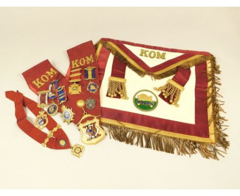 R.A.O.B. REGALIA. A collection of R.A.O.B. regalia including a sash hung with four silver gilt &amp; enamelled jewels &amp; o