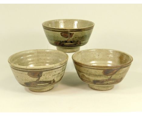 LEACH STANDARD WARE. Three Leach Pottery Standard Ware 'Z' pattern footed bowls. Diameter 14cm. All with damage.