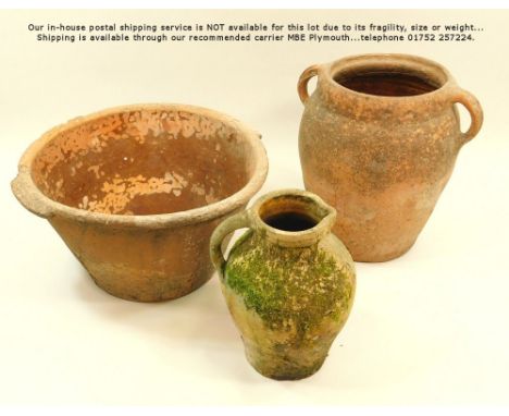 LAKES POTTERY.A Lakes Pottery pitcher, height 33cm, a larger twin handle buzza & a large twin handled pancheon. Max. diameter