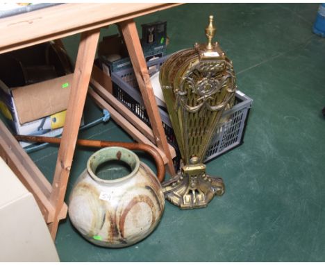 A brass mounted walking cane; tog., with a 19th century brass fan firescreen