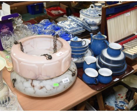 A tray inc. a modern Denby tea service; tog. with two 1930s glass light shades