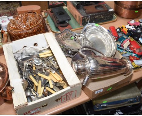 Two boxes of silver plate inc. flatware, footed dish, candle stick etc.