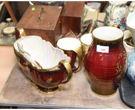 A group of Crown Devon Rouge Royale inc. jug, leaf dish, pair of cream jugs and a twin handled planter