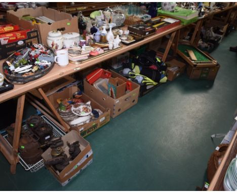 Seven boxes inc. vintage lanterns, vintage blow torches, a Pallisy Games series partial dinner service, group of rail track, 